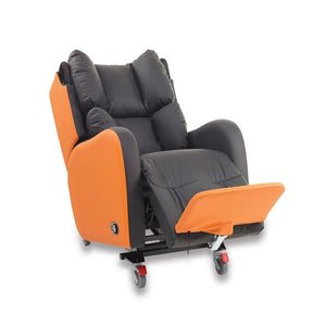 Repose Boston Porter Express Chair tilt in space attendant propelled with castors, orange and black oblique view
