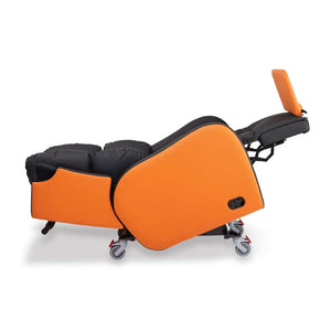 Repose Boston Porter Express Chair tilt in space attendant propelled with castors, orange and black tilting right back