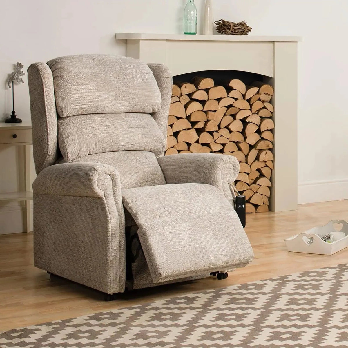 Repose Remini Rise and Recline Armchair in room. Duel Motor or Tilt in Space Riser Recliner Chair for Elderly, Bariatric and Disabled