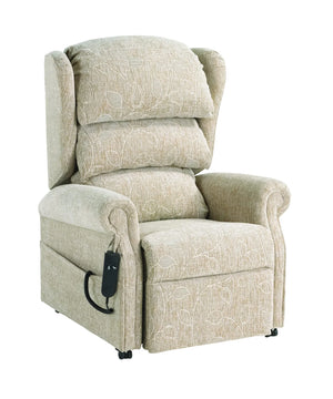 Repose Remini Rise and Recline Armchair floral oatmeal colour. Duel Motor or Tilt in Space Riser Recliner Chair for Elderly, Bariatric and Disabled