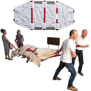 four people evacuatin a patiend bed using Evac+Chair ResQSheet Evacuation Mat bariatric size