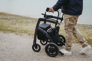 Rollz Motion Electric Rollator and Electric Wheelchair in use close up