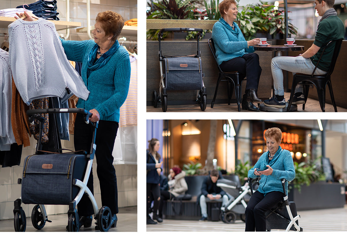 Old woman using the Rollz Flex 2 Rollator 