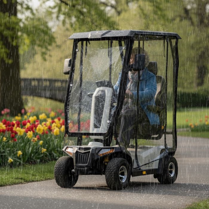 Scooterpac Savvy Defender Mobility Scooter Enclosed Design in use outdoors raining