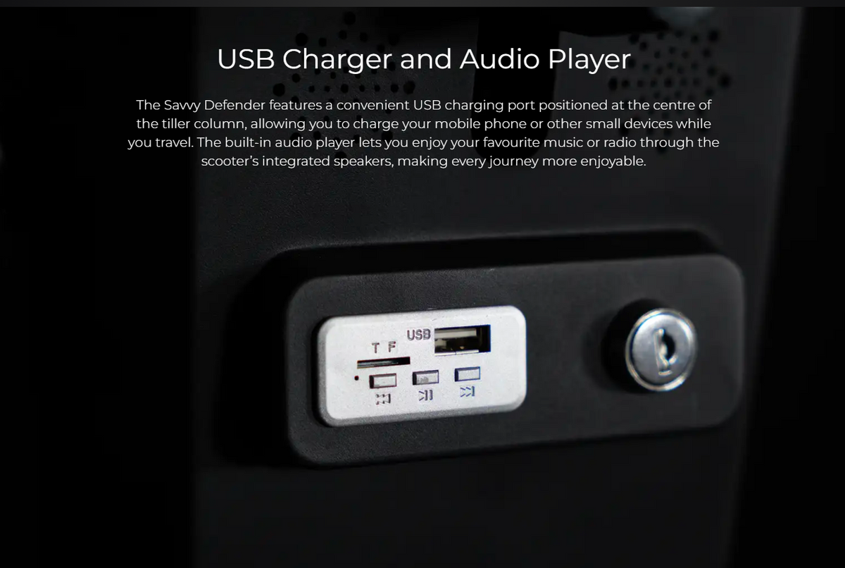 Scooterpac Savvy Defender Mobility Scooter USB Charger with Audio Player