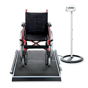 Seca 657 Platform Scale For Stretchers in use with a wheelchair on top