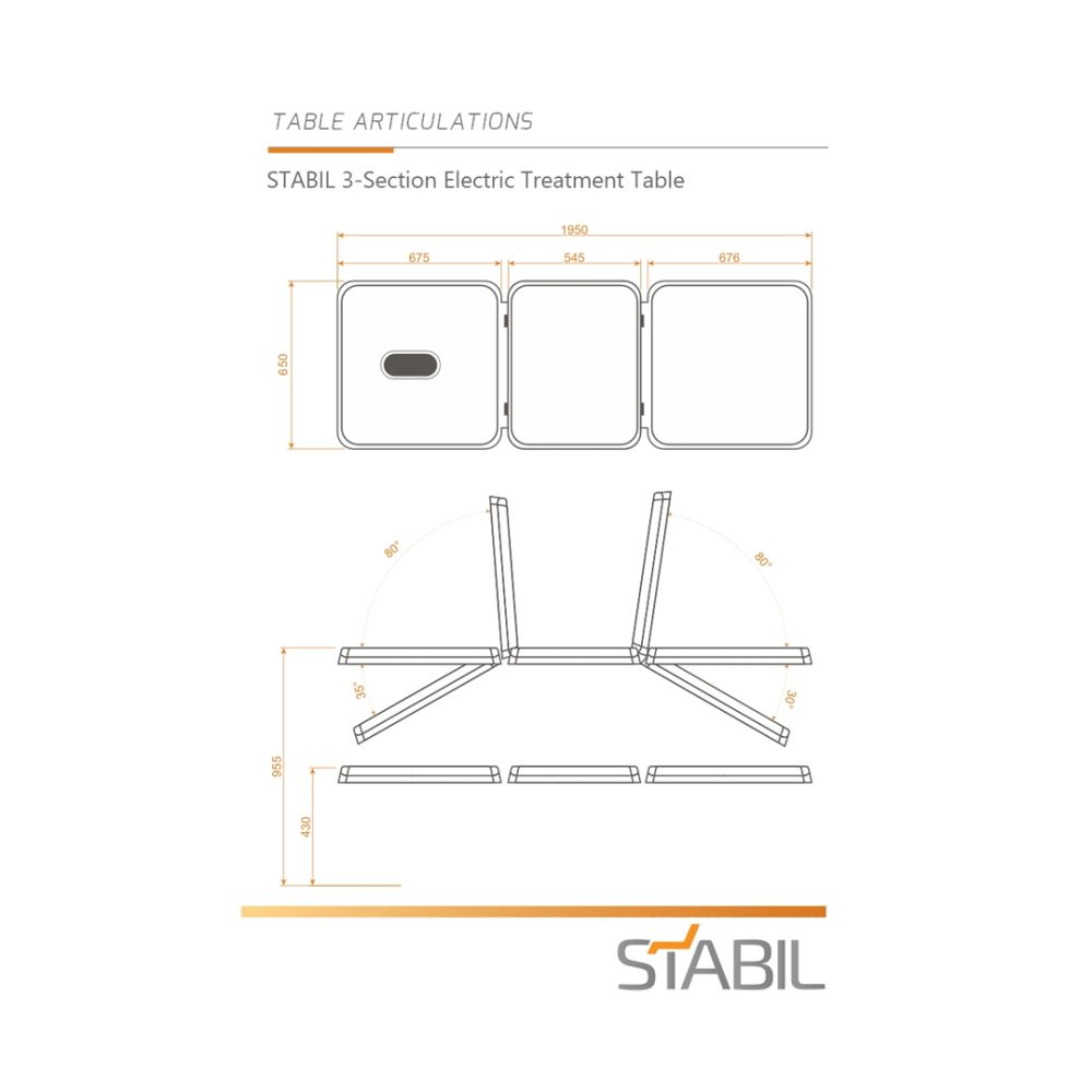 Stabil Pro 3-Section Treatment Table Black illustrated specifications