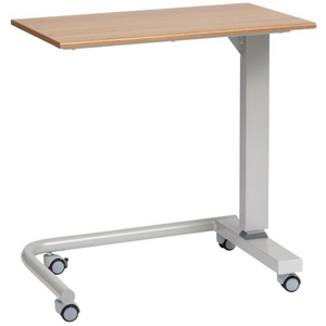 Alerta Adjustable Gas Lift Overbed Table with Wheelchair Accessible Design in Oak and Walnut Finish Hospital Patient oak