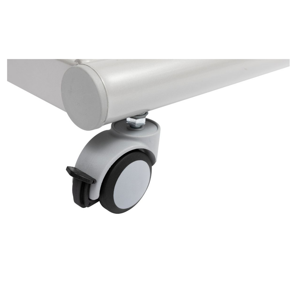 Alerta Adjustable Gas Lift Overbed Table with Wheelchair Accessible Design in Oak and Walnut Finish Hospital Patient close up of wheels