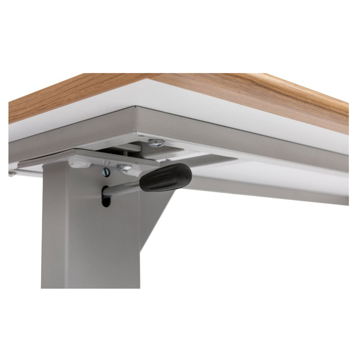 Alerta Adjustable Gas Lift Overbed Table with Wheelchair Accessible Design in Oak and Walnut Finish Hospital Patient close view of adjusting height handle