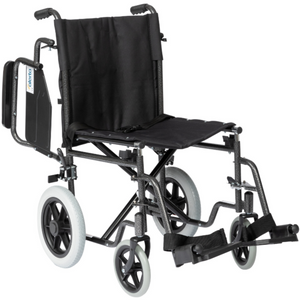 Alerta Medical Transit Wheelchair Crash Tested with Detachable Arms and Puncture-Proof Tyres Hospital Patient Transport arm rests folded out on car transit
