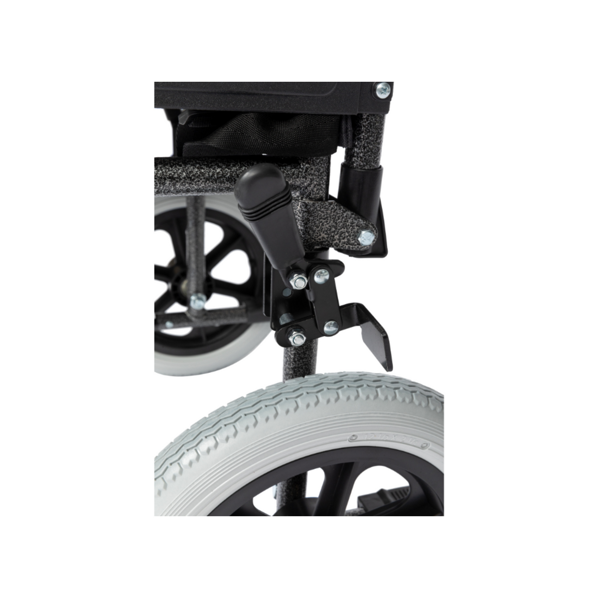 Alerta Medical Transit Wheelchair Crash Tested with Detachable Arms and Puncture-Proof Tyres Hospital Patient Transport close up of brakes