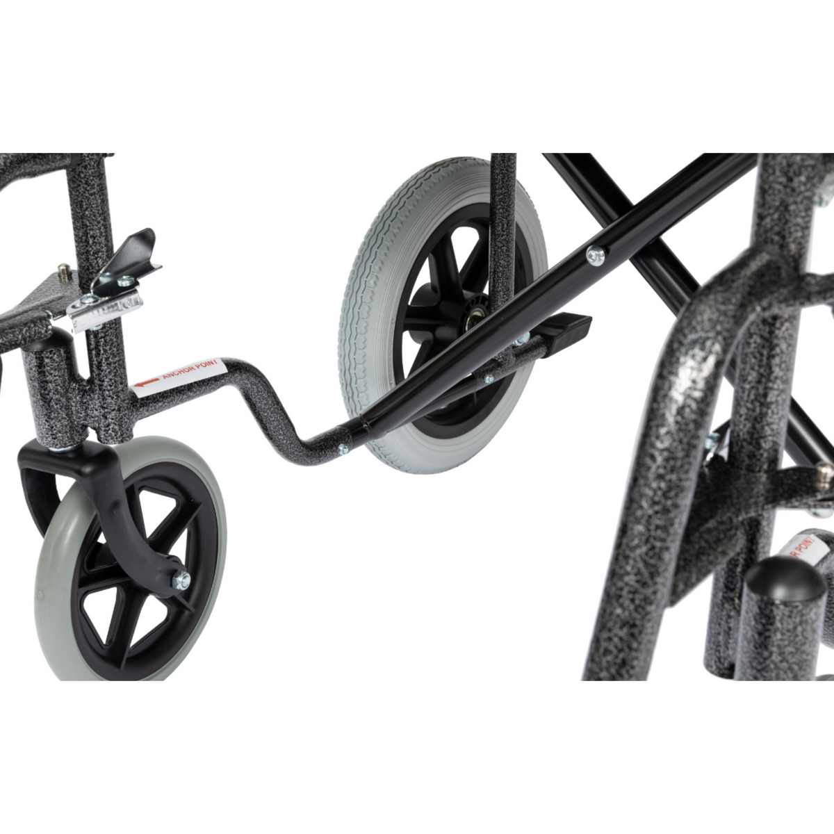 Alerta Medical Transit Wheelchair Crash Tested with Detachable Arms and Puncture-Proof Tyres Hospital Patient Transport close up of frame