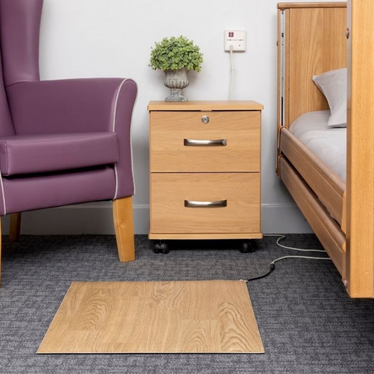 Alerta ,Wired Wood Alertamat ,Luxury Wood Finish ,Patients Safety Mat for Care Environments ,Pressure Alarm Mat close up view