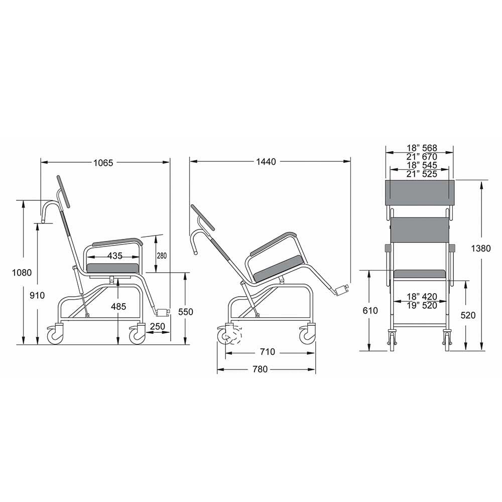 Chiltern Invadex | AquaMaster Tilt in Space Shower Commode Chair | Developed for Security, Ease of Use, and Personalized Configurations diagram