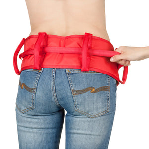 Direct Healthcare Group EasyBelt Sit-to-Stand and Walking Support Belt worn by woman in jeans and another hand holding on  one of the horizontal handles