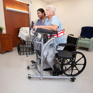 Direct Healthcare Group DisposableBelt Sit-to-Stand and Walking Disposable Support Belt worn by patient standing from wheelchair