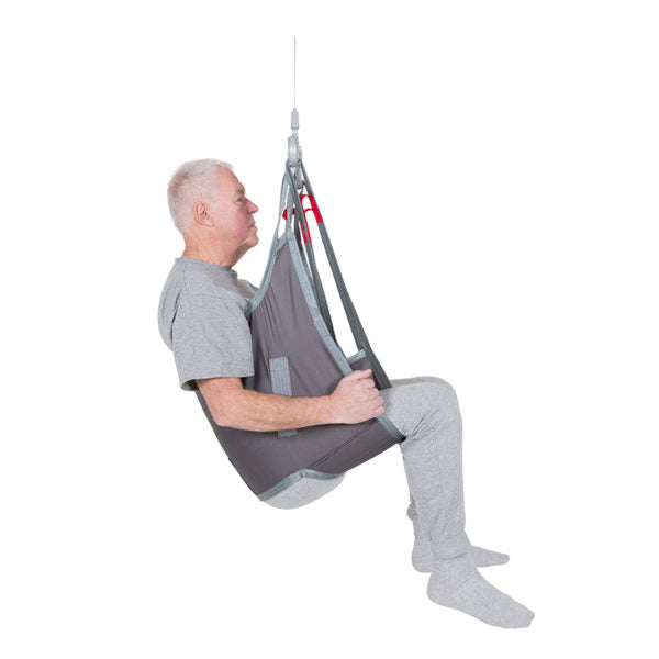 Direct Healthcare Group LowBackSling side view with patient lifted using a hoist