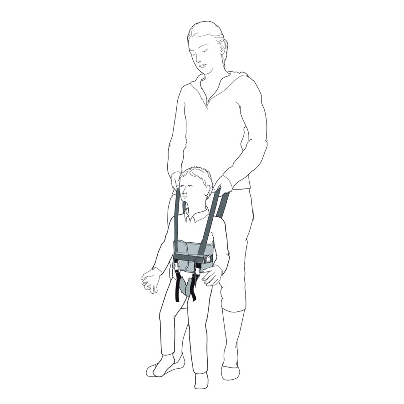 A kid being assisted wearing Direct Healthcare Group WalkingBelt Walking/Lift Aid  while walking in illustration