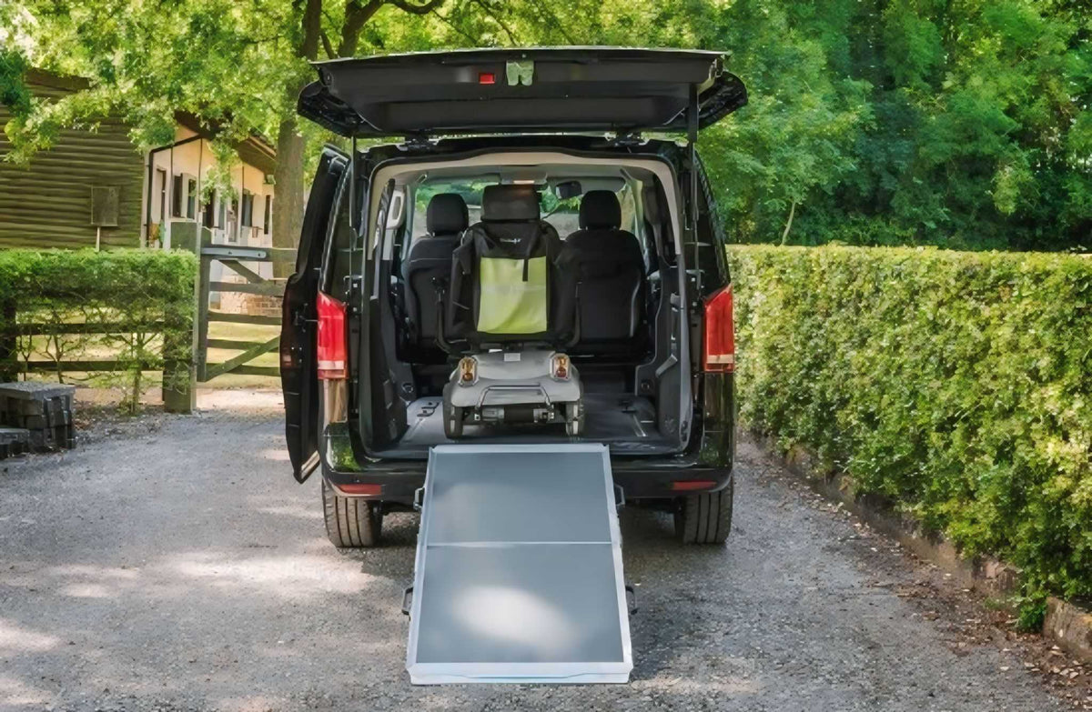 Enable Access Aerolight Broadfold Portable Wheelchair Ramp  Unfollded  on van bumper