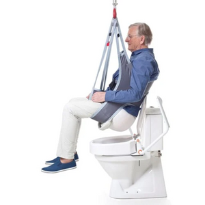 Etac | Molift EvoSling Hygiene Low Back, Large Leg Support Opening, and Comfortable Padding for Easy Dressing and Undressing on Toilet patient using