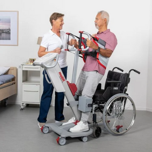 Etac | Molift Quick Raiser 205 State-of-the-art Sit-to-Stand Hoist with Exceptional Maneuverability Designed for outstanding transfer capabilities woman helping patient 