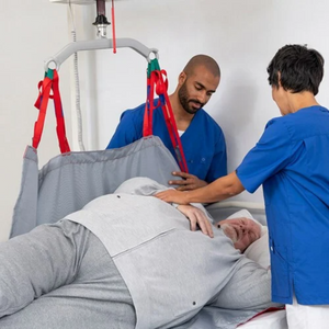 Etac | Enhance Caregiving with Molift Repositioning Sheet Reduce Injury Risks and Elevate Quality of Care in Repetitive Transfers and Repositioning Tasks men helping plus size patient