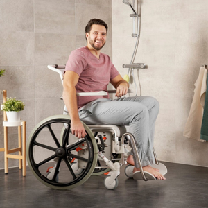 Etac | Empower Your Independence with the Swift Mobil 24"-2 Self-Propelled Shower Commode User-Controlled happy to use