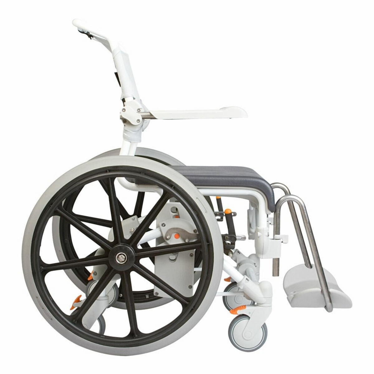 Etac | Empower Your Independence with the Swift Mobil 24&quot;-2 Self-Propelled Shower Commode User-Controlled side wheel view