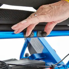Motion Healthcare Foldalite Pro Folding Electric Wheelchair Blue close up fold