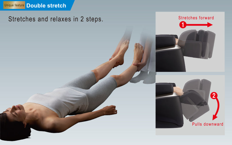 stretching on the Black Fujiiryoki JP-2000 Zero Gravity Massage Chair. Advanced 5D AI+ Full Body Massage Experience. Heated Back Massage &amp; Therapeutic.