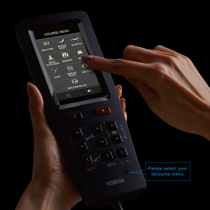 Remote control on the Black Fujiiryoki JP-2000 Zero Gravity Massage Chair. Advanced 5D AI+ Full Body Massage Experience. Heated Back Massage &amp; Therapeutic.