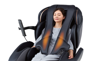 Black and grey Fujiiryoki JP-3000 Zero Gravity Massage Chair. Advanced 5D AI+ Full Body Massage Experience. Woman with heated attachment