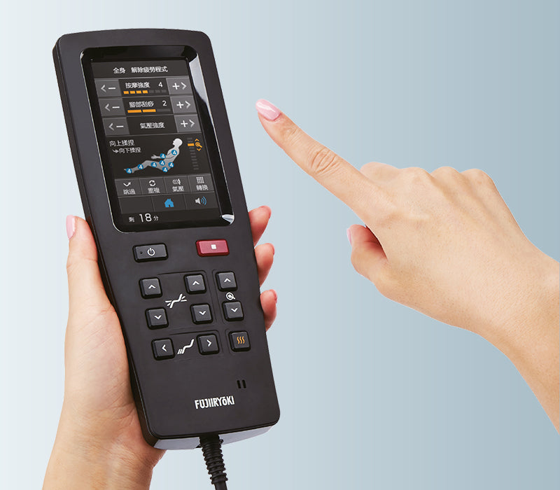 Black and grey Fujiiryoki JP-3000 Zero Gravity Massage Chair. Advanced 5D AI+ Full Body Massage Experience. Remote