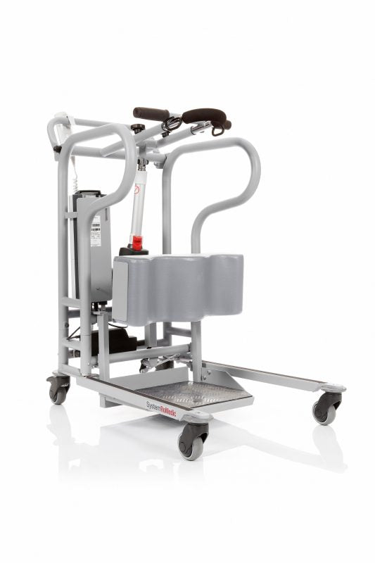Handicare System Romedic Side View of Direct Healthcare Group MiniLift160 Sit to Stand Lift  with gray knee padding 
