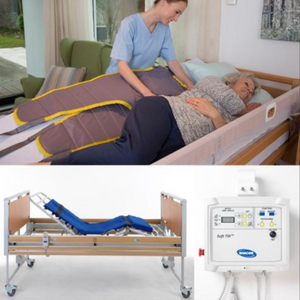 Invacare | Soft Tilt. Nurse applying hoist sling to woman in bed. Control panel