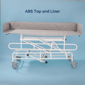 Prism Medical | Freeway Height Adjustable Shower Trolley | For Care Environments | Antimicrobial  with as top and liner