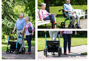Rollz Motion 2 Rollator and wheelchair. Elderly couple using the rollator in a park