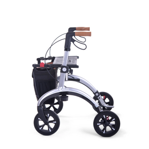 Rollz | Saljol Carbon Rollator Ideal for All Terrains, Easy Maneuverability, and Comfortable Seating Your Perfect Lightweight Companion side view of silver