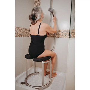Saljol | Spa Anthracite Shower Stool Shower Safely and Stylishly | Independence and Comfort in Your Bathroom Experience woman taking shower 