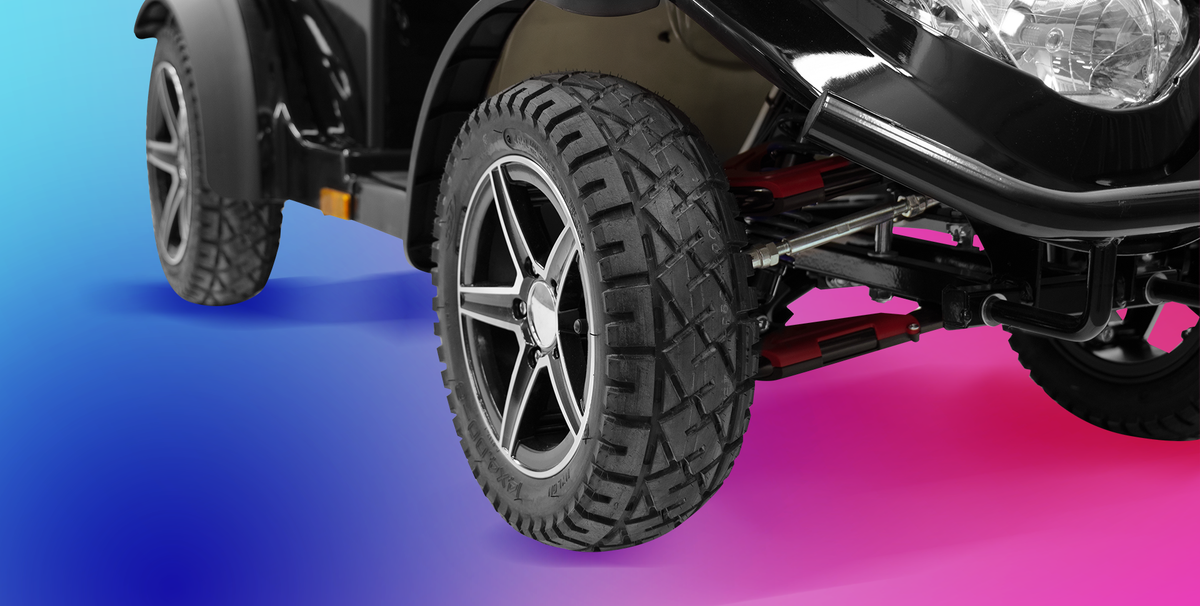 Scooterpac Ignite Grande 8 mph Mobility Scooter Extra Storage, Comfort, and Safety for Ultimate Mobility Ultimate Personal Mobility Solution close up of front tyre