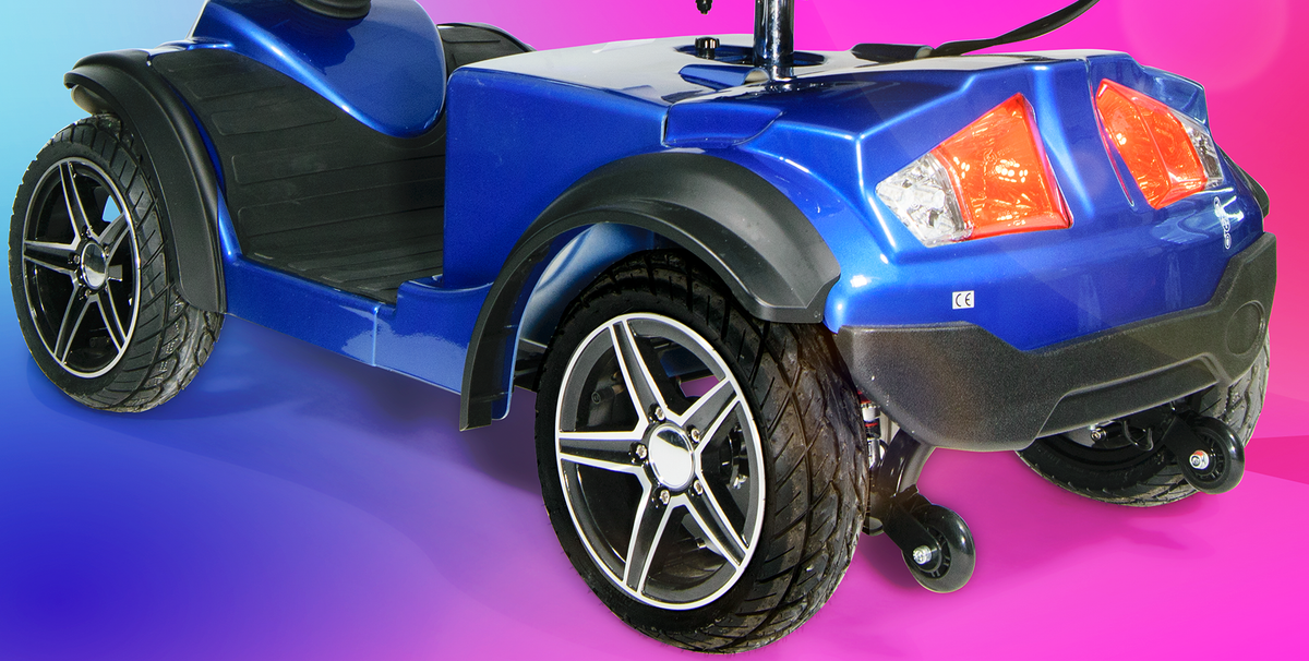 Blue Scooterpac Ignite Mini 8 MPH Electric Mobility Scooter. 35 Mile Range. Heated Seat. Compact Personal Mobility Solution close up of rear