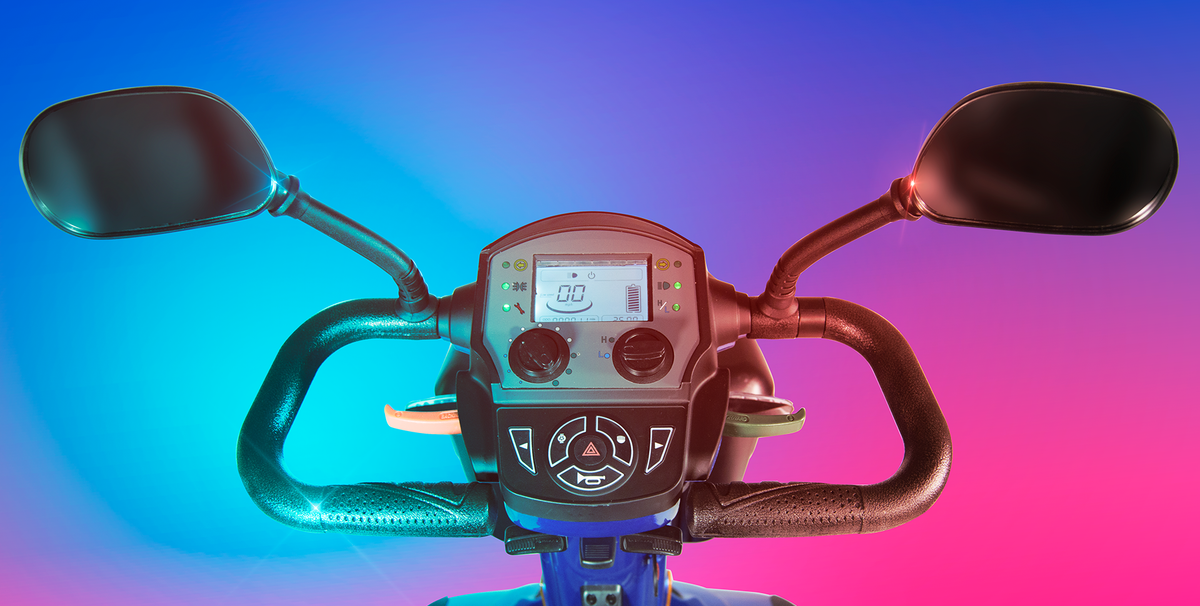 Blue Scooterpac Ignite Mini 8 MPH Electric Mobility Scooter. 35 Mile Range. Heated Seat. Compact Personal Mobility Solution tiller and control panel