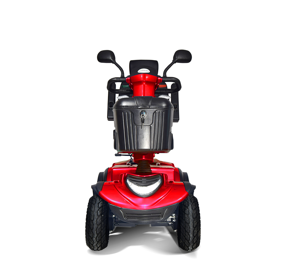 Red Scooterpac Ignite Mini 8 MPH Electric Mobility Scooter. 35 Mile Range. Heated Seat. Compact Personal Mobility Solution front view