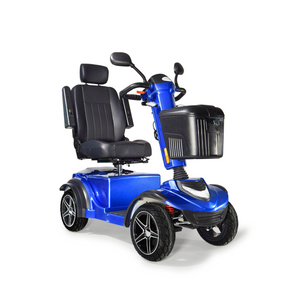 Blue Scooterpac Ignite Mini 8 MPH Electric Mobility Scooter. 35 Mile Range. Heated Seat. Compact Personal Mobility Solution oblique view
