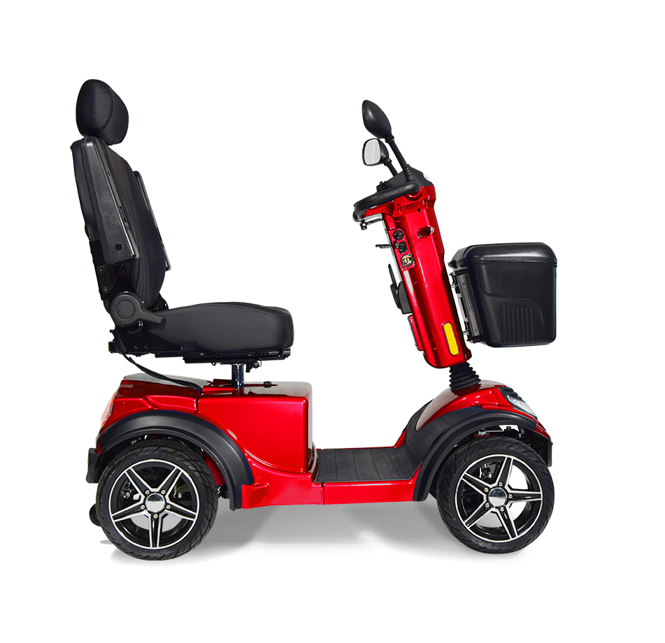 Red Scooterpac Ignite Mini 8 MPH Electric Mobility Scooter. 35 Mile Range. Heated Seat. Compact Personal Mobility Solution side view