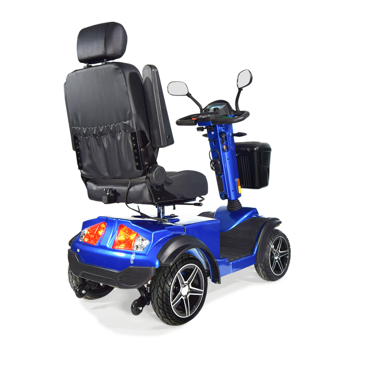 Blue Scooterpac Ignite Mini 8 MPH Electric Mobility Scooter. 35 Mile Range. Heated Seat. Compact Personal Mobility Solution rear view oblique