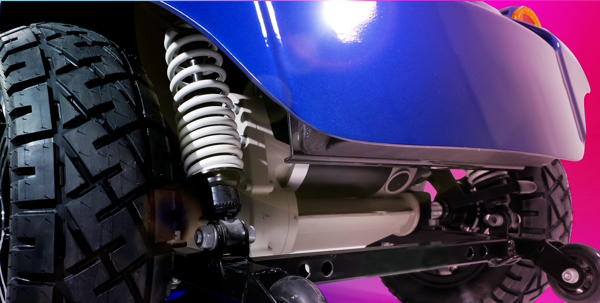 Blue Scooterpac Ignite 8mph Electric Mobility Scooter 40 Mile Range suspension close up