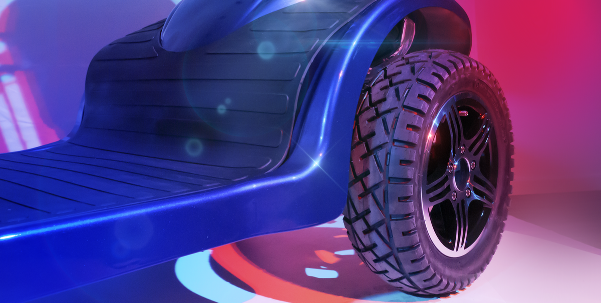 Grey Scooterpac Ignite 8mph Electric Mobility Scooter 40 Mile Range wheel close up