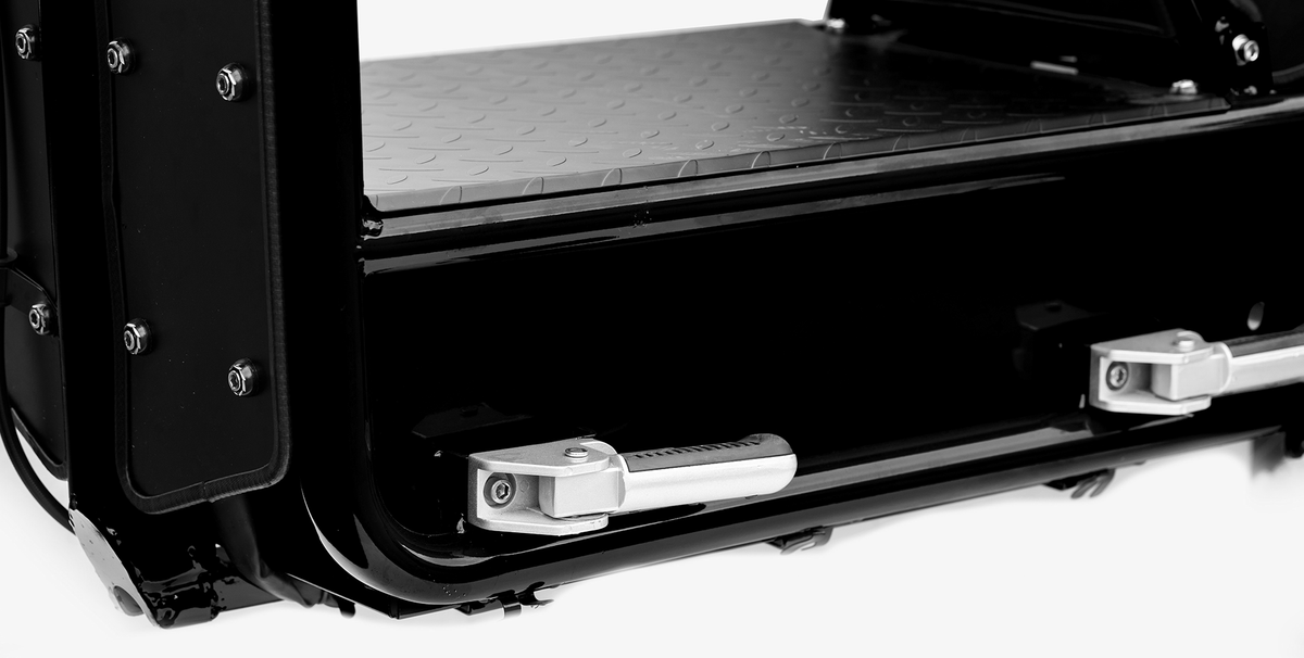 Scooterpac | Invader Off Road 16mph Electric Mobility Scooter 30 Mile range, black colour close up of foot rests